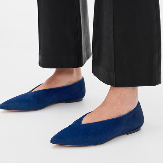 Blue Pony Hair Vegan Leather Pointed-Toe V-Cut Vamps Flats