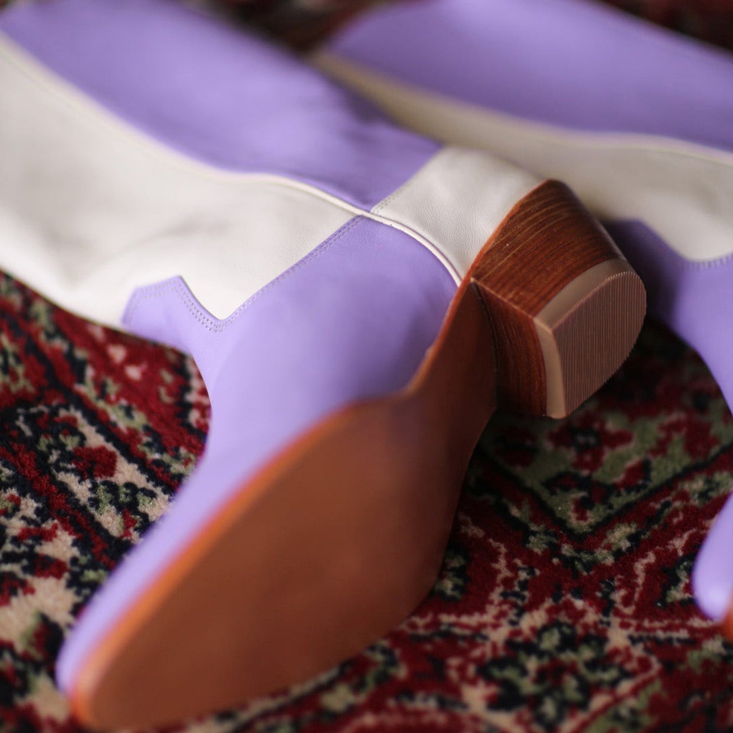 Cream And Lavender Almond-Toe Simple Back Full-Zip Mid Calf Cowgirl Boots
