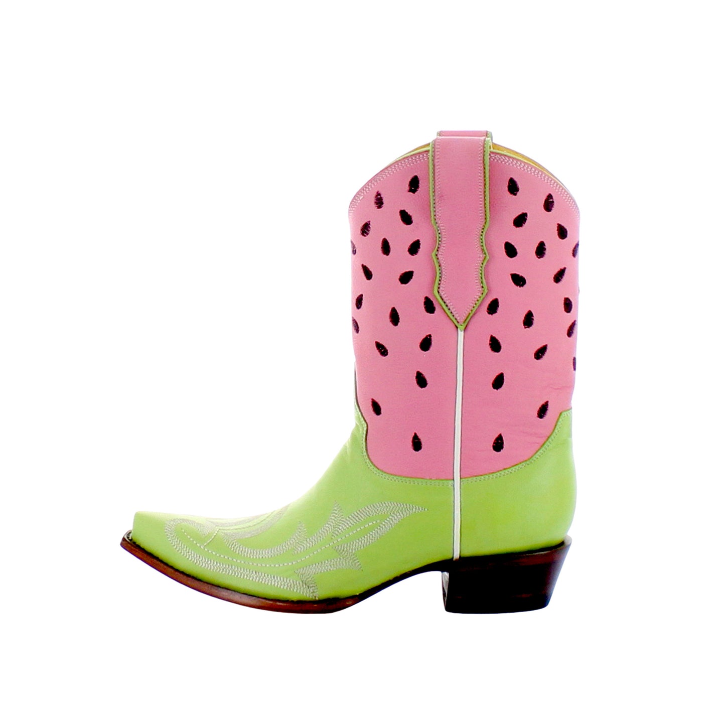 Contrast Pink And Green Snip-Toe Embroidery Watermelon Detail Mid Calf Cowgirl Boots