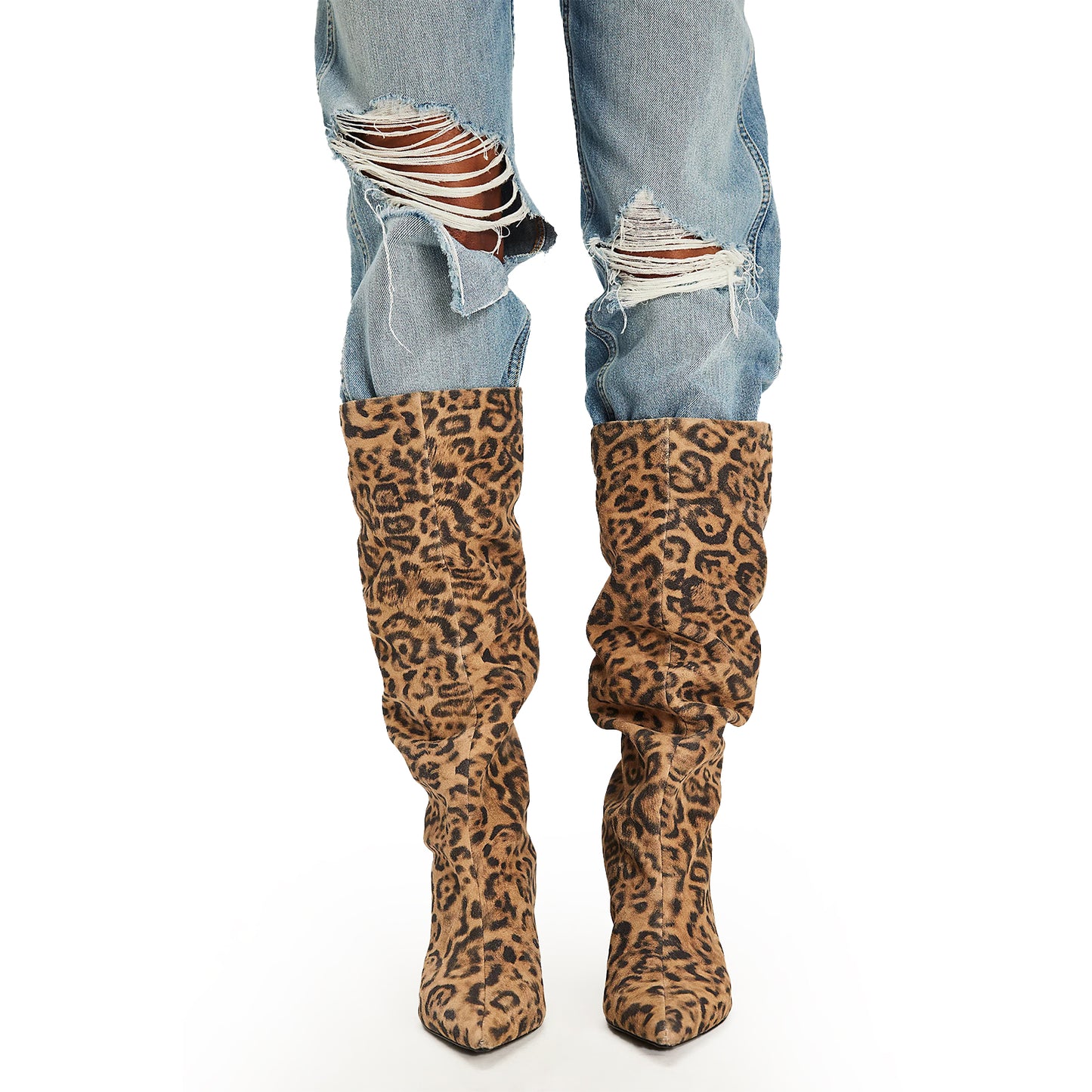 Leopard Faux Suede Pointed-Toe Wide Calf Knee High Stiletto Boots