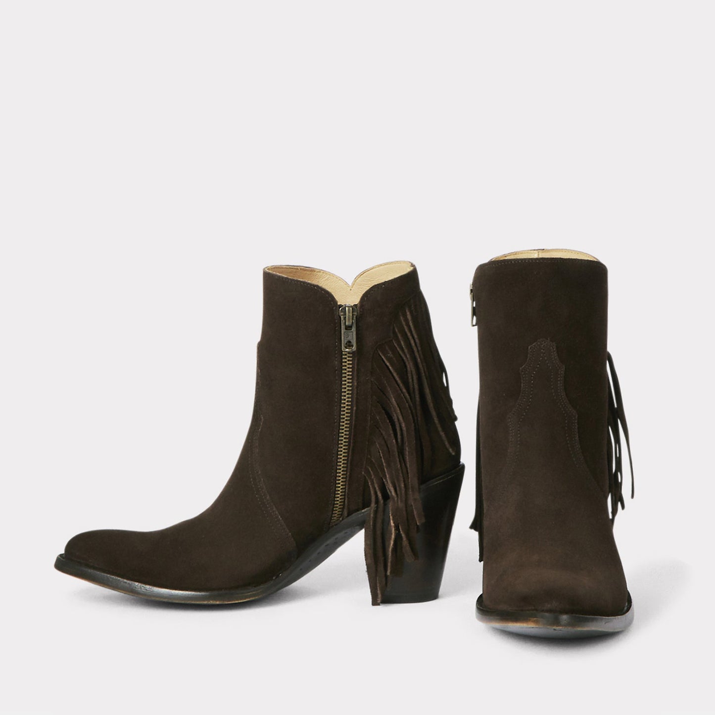 Chocolate Faux Suede Round-Toe Side Fringe Half-Zip Simple Ankle Cowgirl Boots