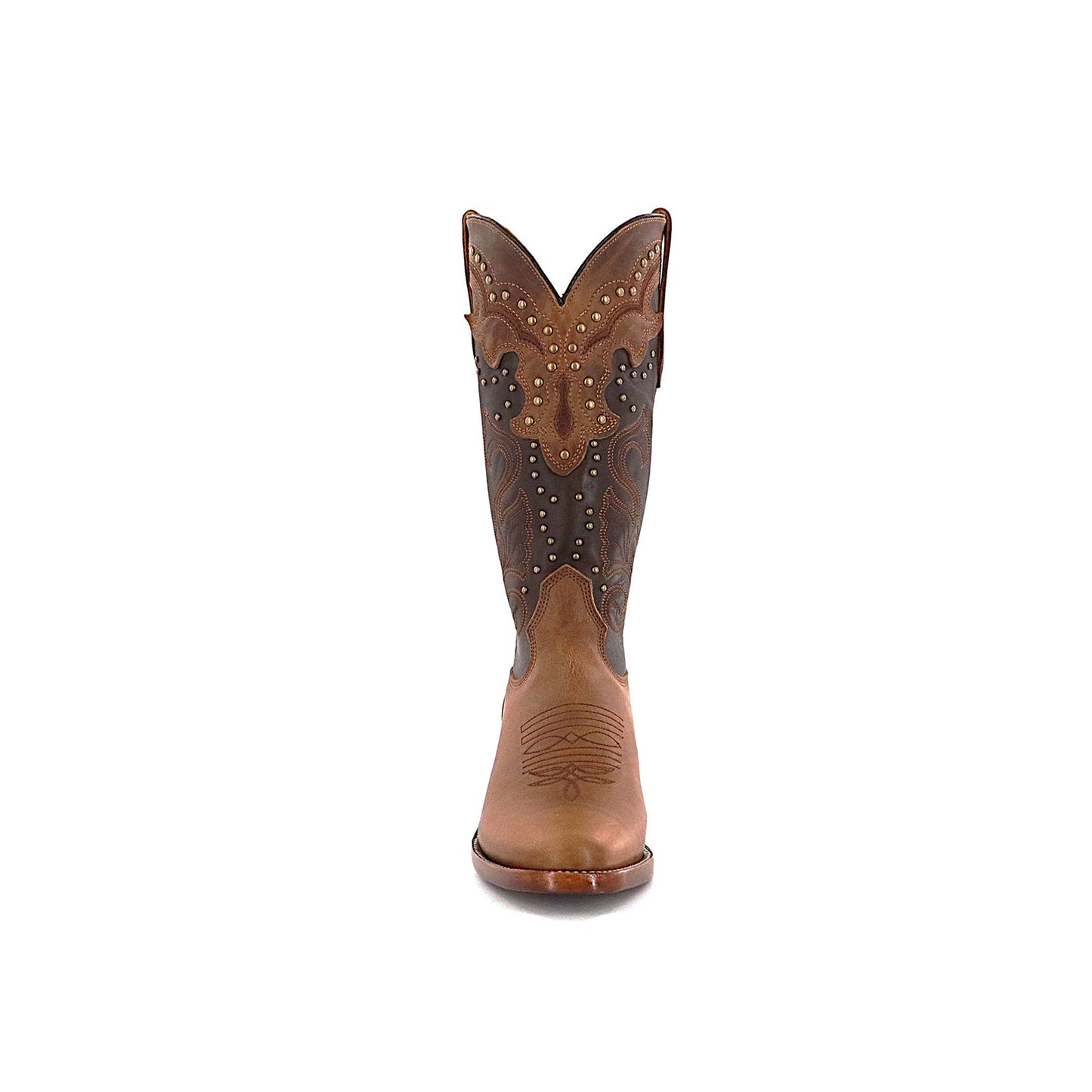 Contrast Brown And Chocolate Round-Toe Embroidery Studded Mid Calf Cowgirl Boots