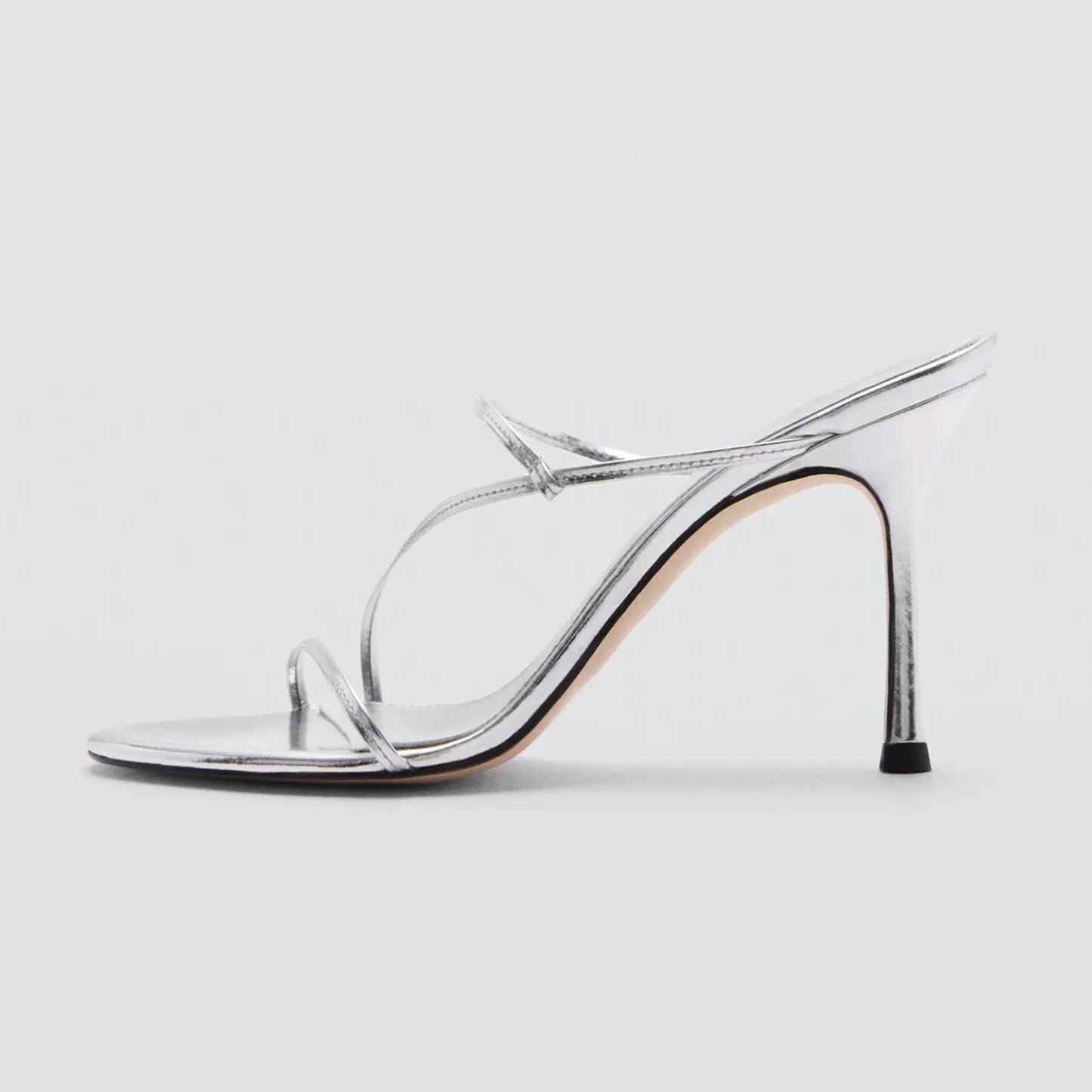 Metallic Silver Round-Toe Slip-On Sandals High Heels With Straps