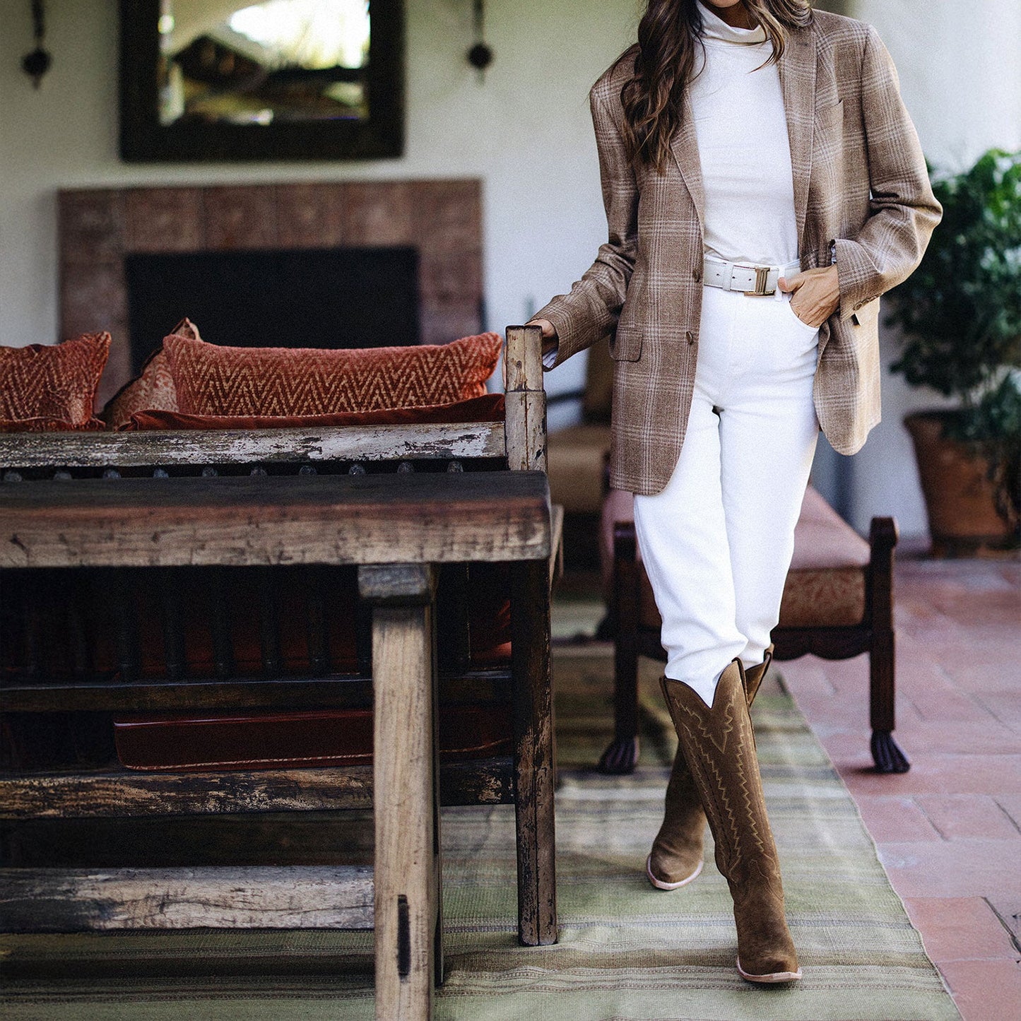 Coffee Faux Suede Snip-Toe Western Embroidery Wide Calf Knee High Chic Cowgirl Boots