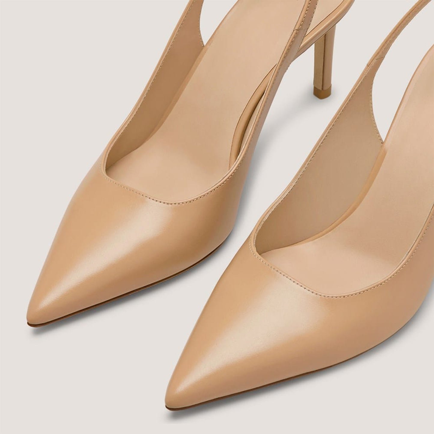 Beige Vegan Leather Pointed-Toe Classic Buckle Back Strap Kitten Heels