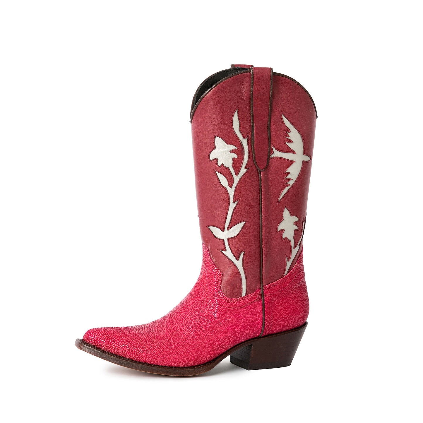Contrast Red And Red Lizard Print Pointed-Toe Inlays Mid Calf Cowgirl Boots