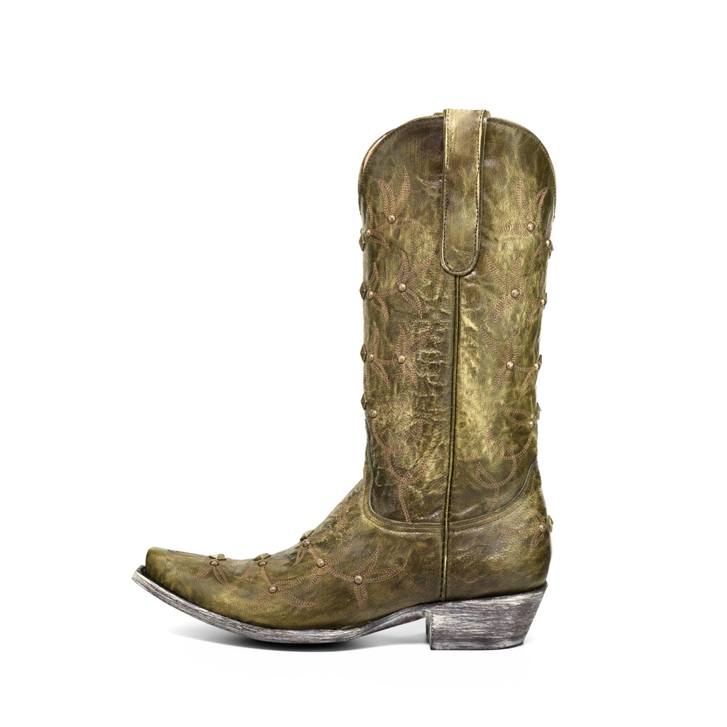 Green Snip-Toe Studs And Embroidery Mid Calf Chic Cowgirl Boots