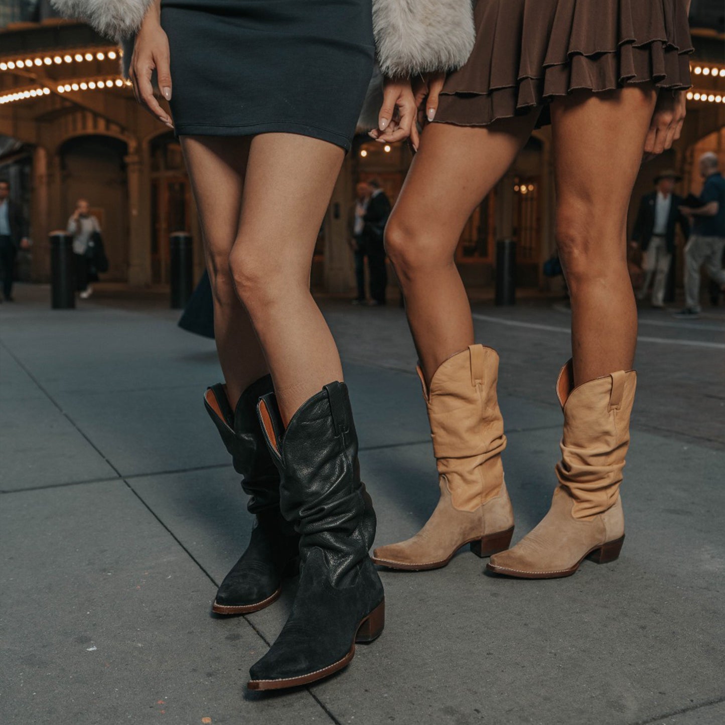 Black Contrast Vegan Leather And Faux Suede Snip-Toe Slouch Chic Mid Calf Cowgirl Boots