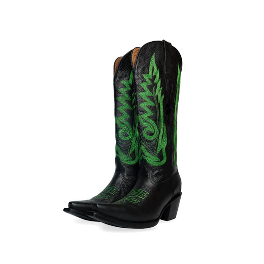 Black Snip-Toe Green Embroidery Mid Calf Cowgirl Boots