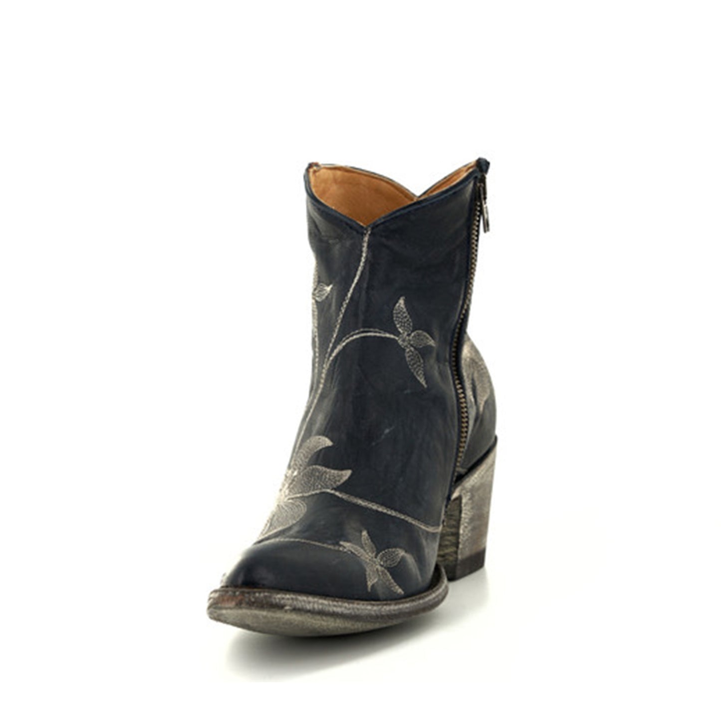 Navy Blue Round-Toe Floral Embroidery Full-Zip Ankle Cowgirl Boots