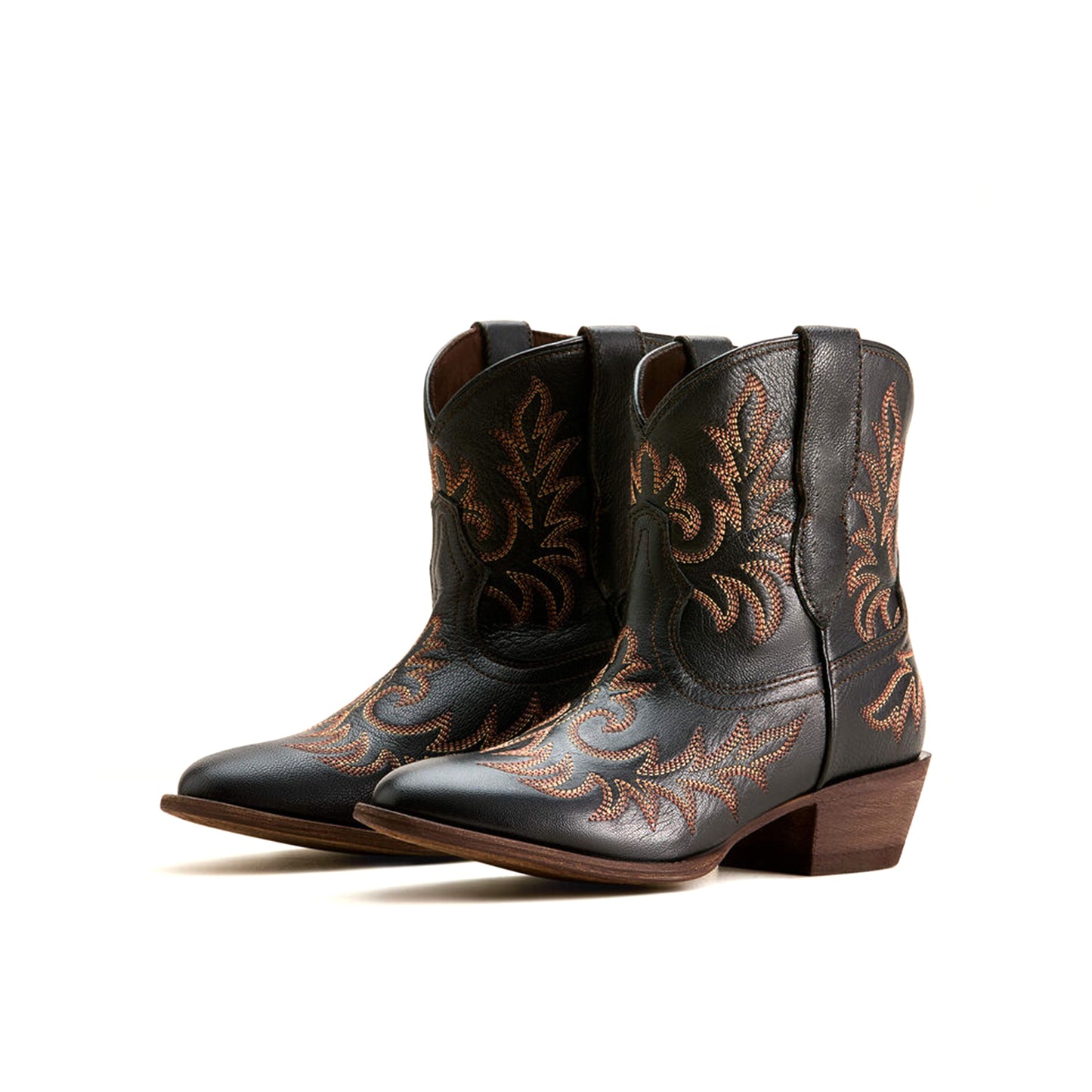 Black Round-Toe Stitching Ankle Cowgirl Boots