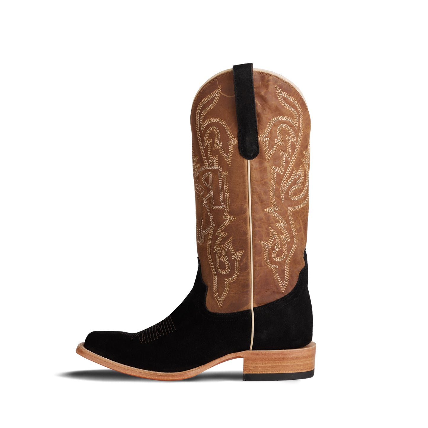 Contrast Brown And Black Faux Suede Square-Toe Chic Embroidery Mid Calf Cowgirl Boots