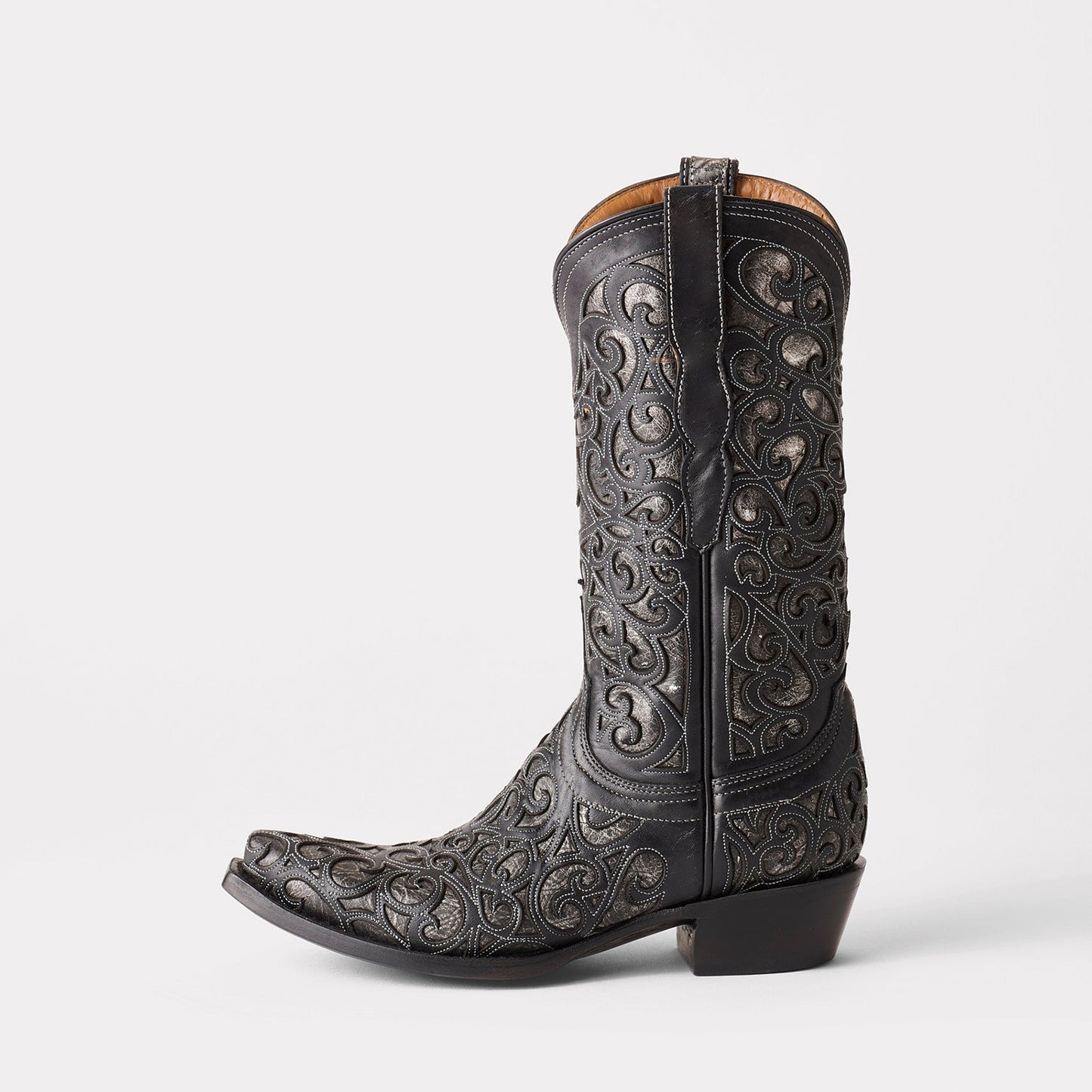 Black Snip-Toe Metallic Silver Inlays Chic Mid Calf Cowgirl Boots