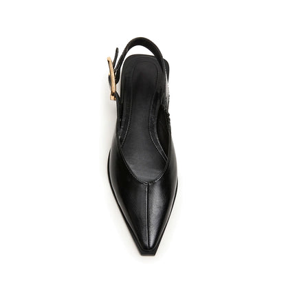 Black Vegan Leather Pointed-Toe Slingback Buckle Flats