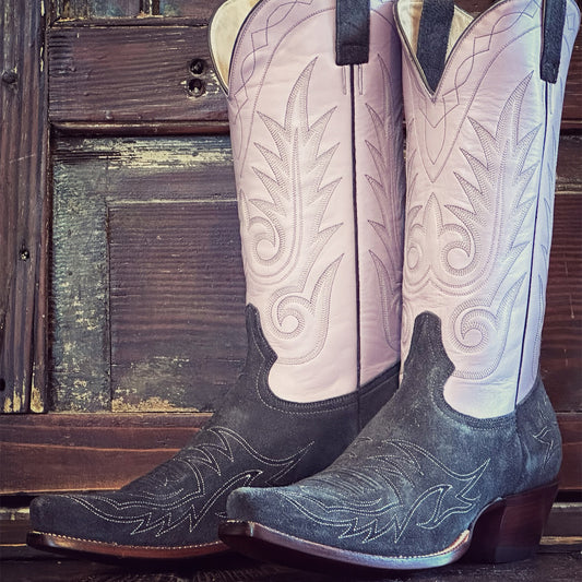 Contrast Lavender And Gray Faux Suede Snip-Toe Embroidery Mid Calf Cowgirl Boots
