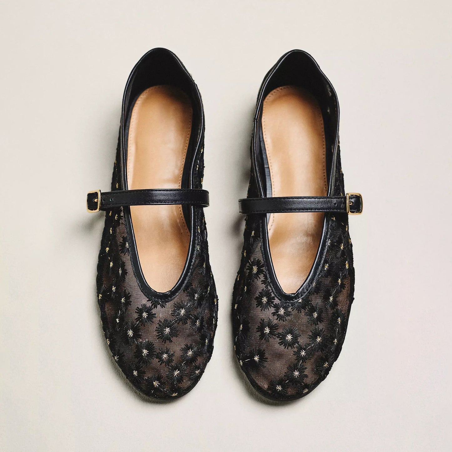 Black Mesh Round-Toe Little Flowers Embroidery Mary Jane Ballet Flats