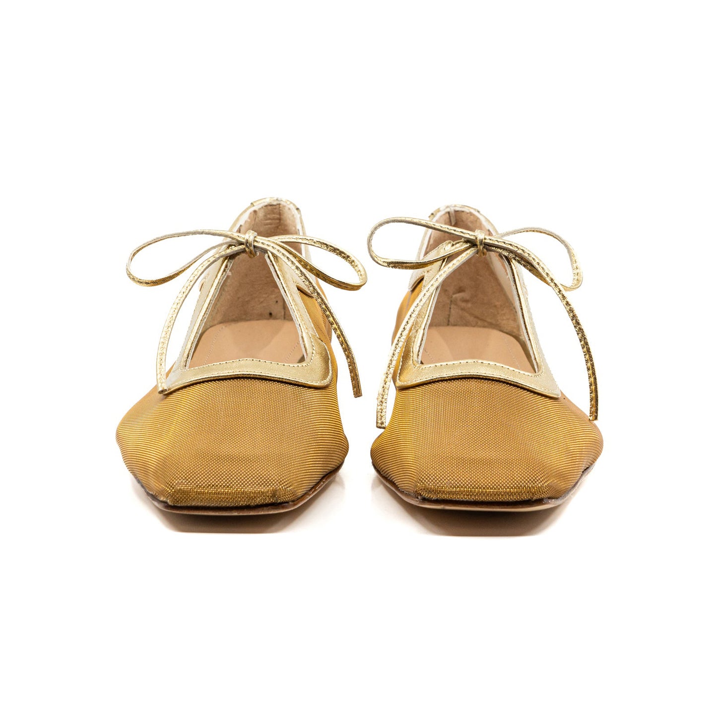 Metallic Gold Mesh Square-Toe Bow-Tied Vamp Strap Flats