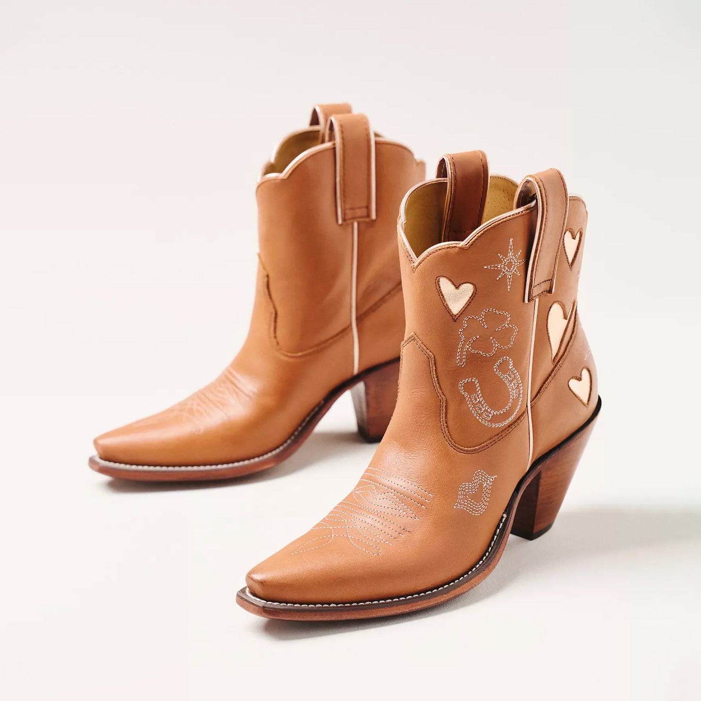 Cognac Snip-Toe Embroidery Metallic Gold Heart Inlay Ankle Cowgirl Boots