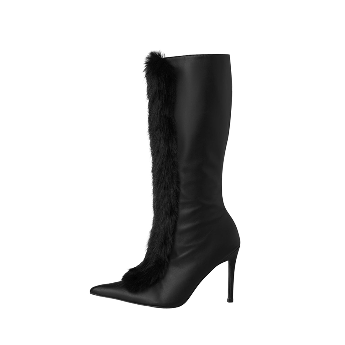 Black Pointed-Toe Black Plush Full-Zip Mid Calf Stiletto Boots