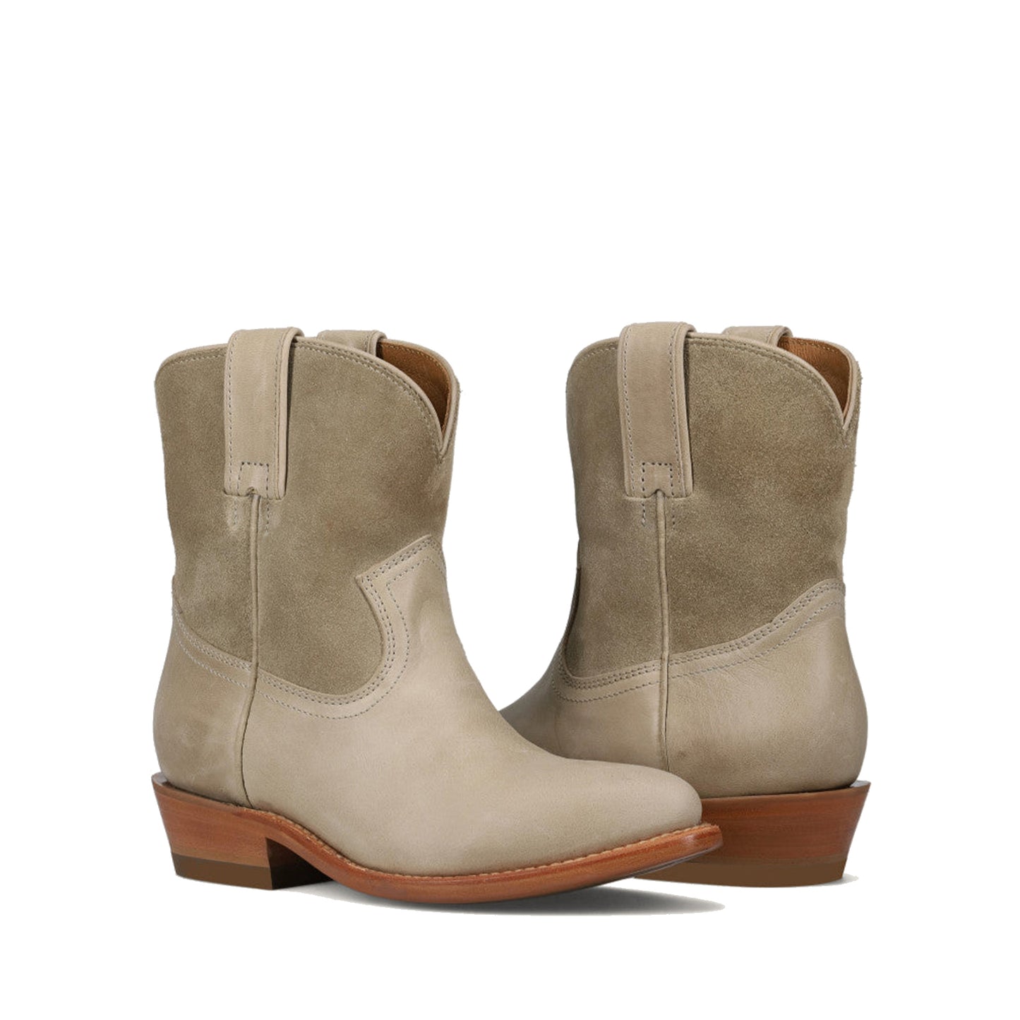 Light Khaki Round-Toe Simple Slip-On Ankle Cowgirl Boots