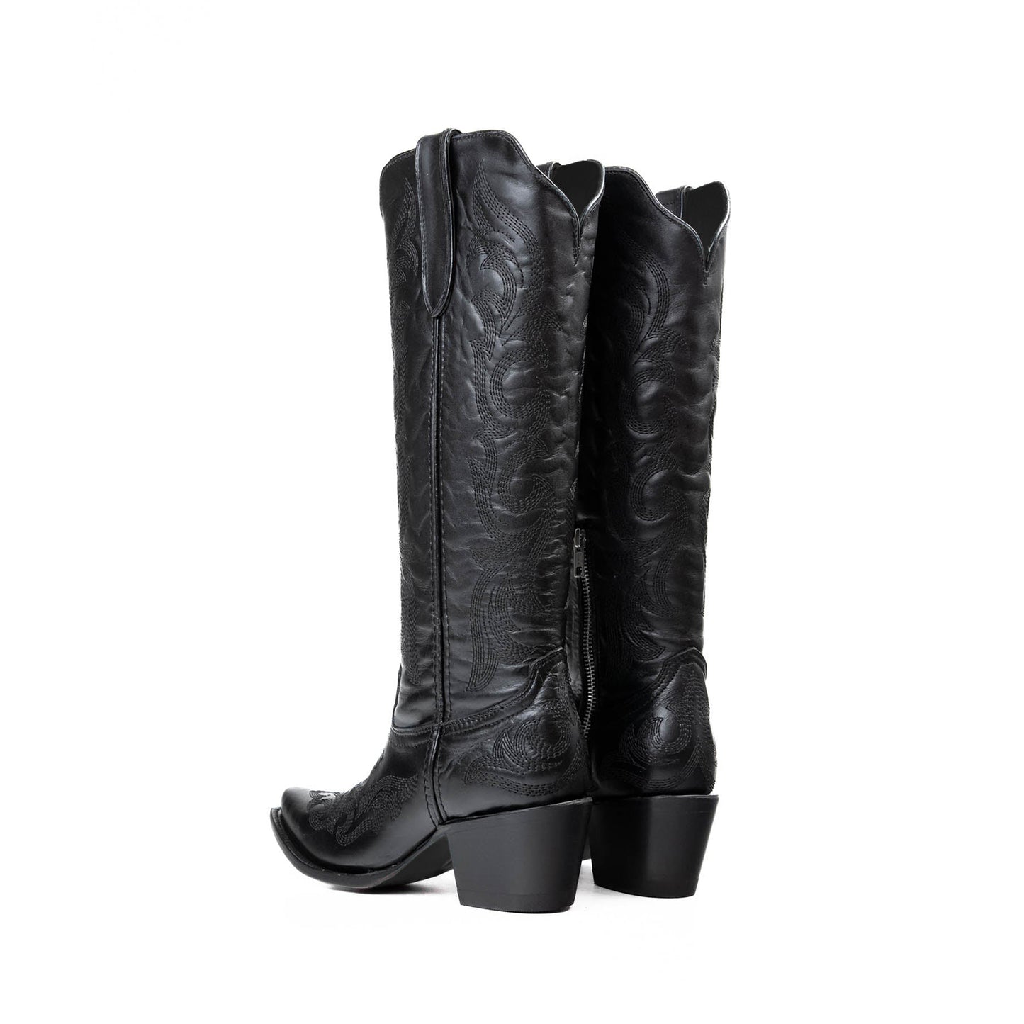 Black Snip-Toe Refined Embroidery Half-Zip Knee High Cowgirl Boots
