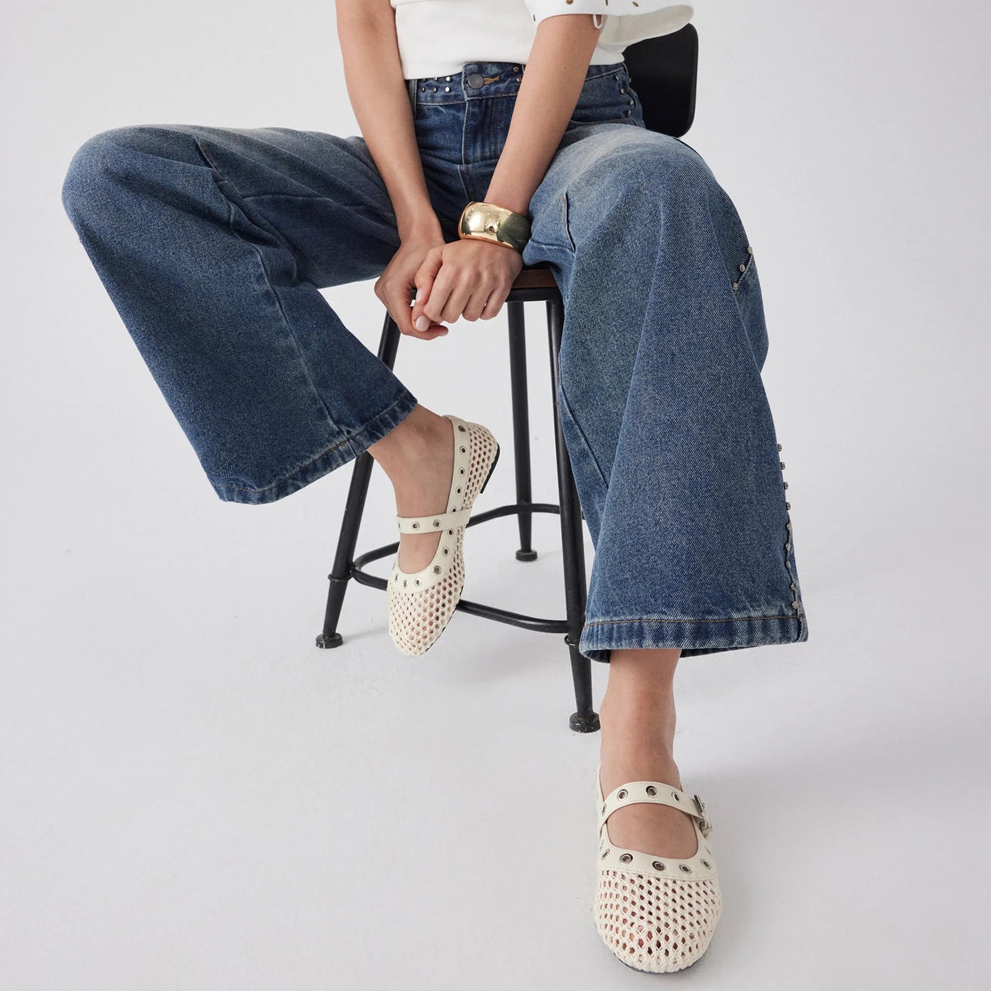 Cream Woven Mesh And Vegan Leather Round-Toe Eyelets Mary Jane Flats