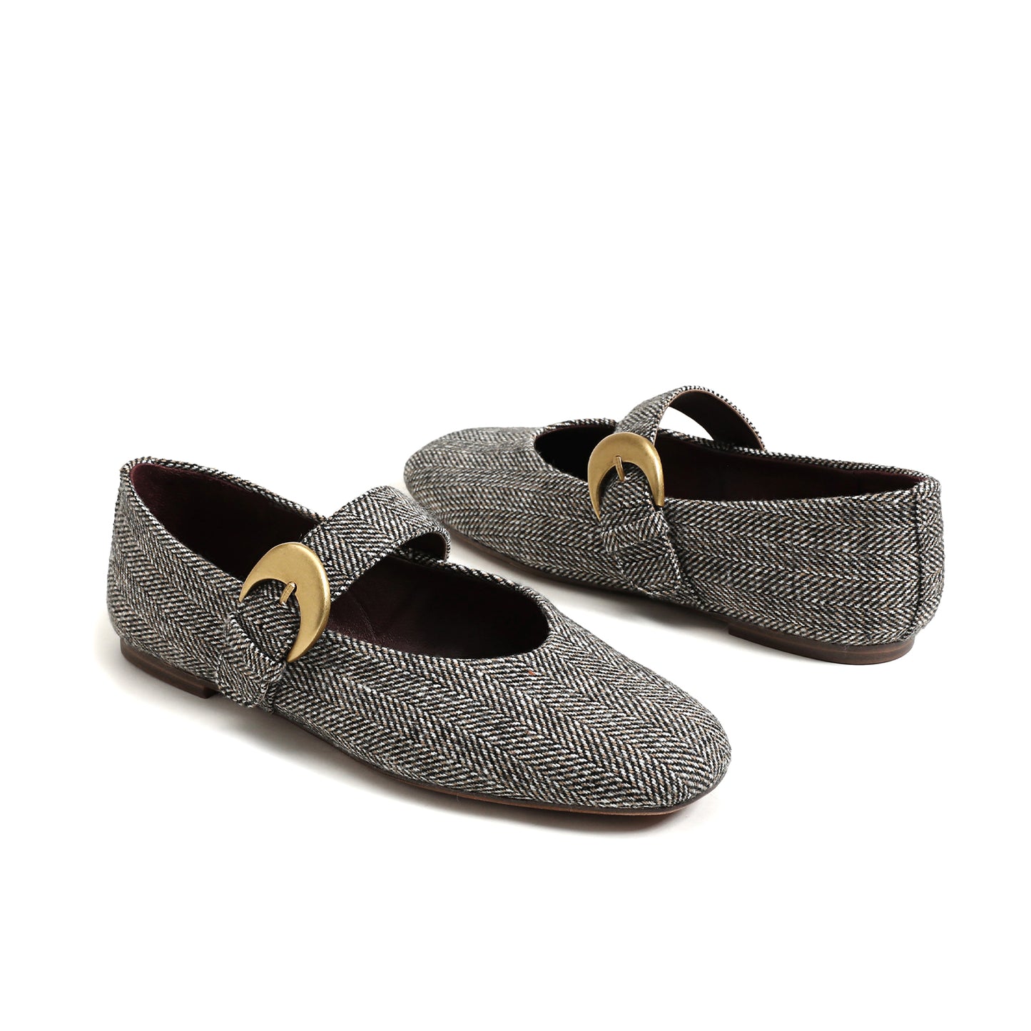 Black Figured Cloth Square-Toe Buckle Bridge Strap Ballet Flats