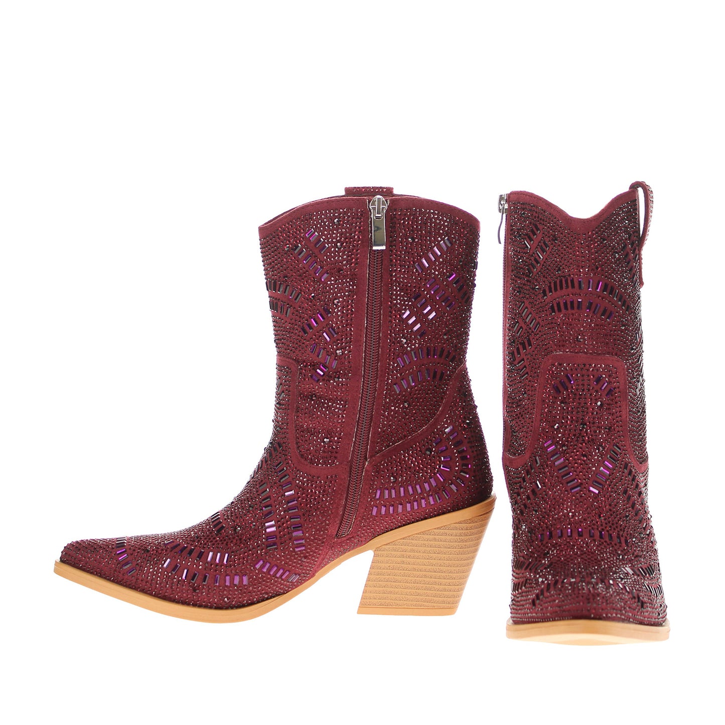 Maroon Faux Suede Pointed-Toe Full Crystals Full-Zip Ankle Cowgirl Boots