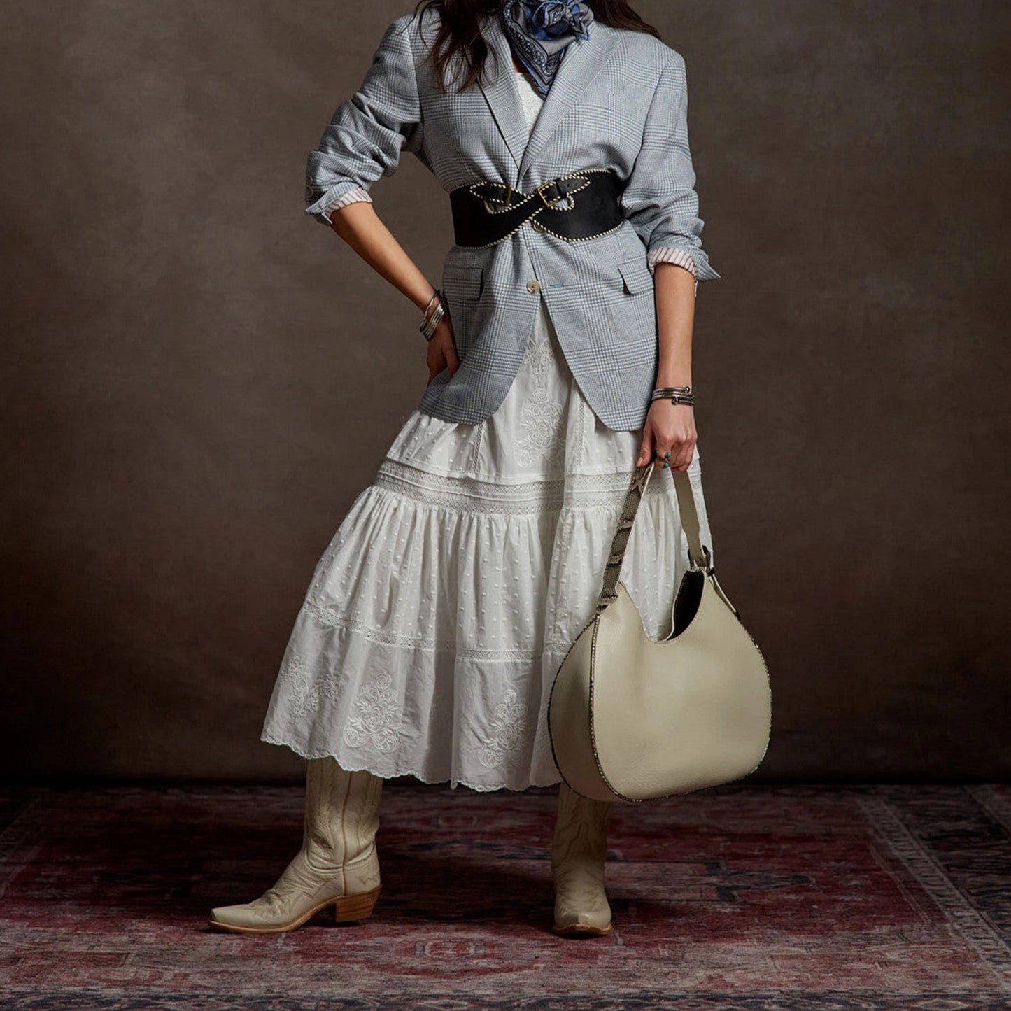 Cream Snip-Toe Western Embroidery Wide Calf Knee High Cowgirl Boots