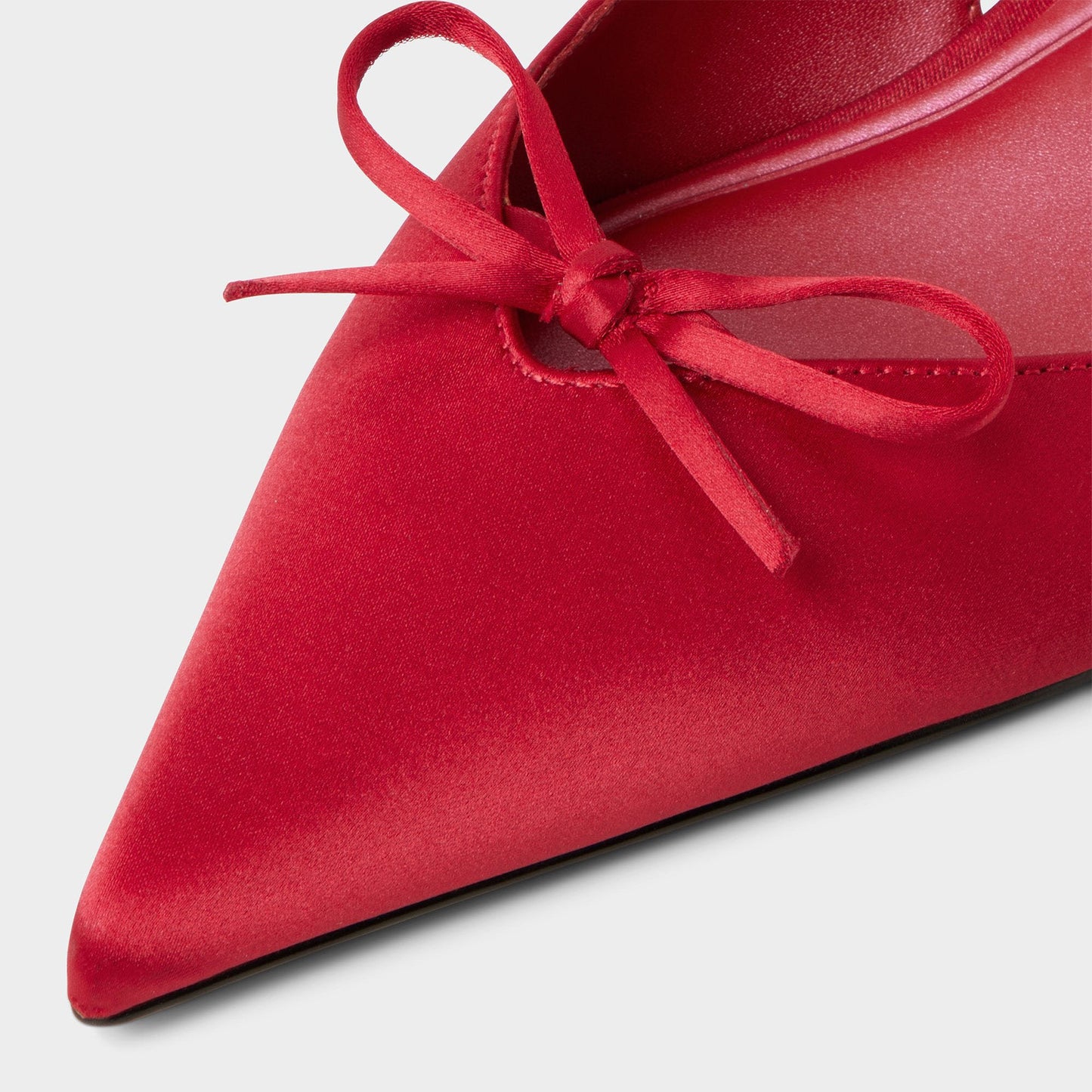 Red Satin Pointed-Toe Front Bow Classic Back Strap Kitten Heels