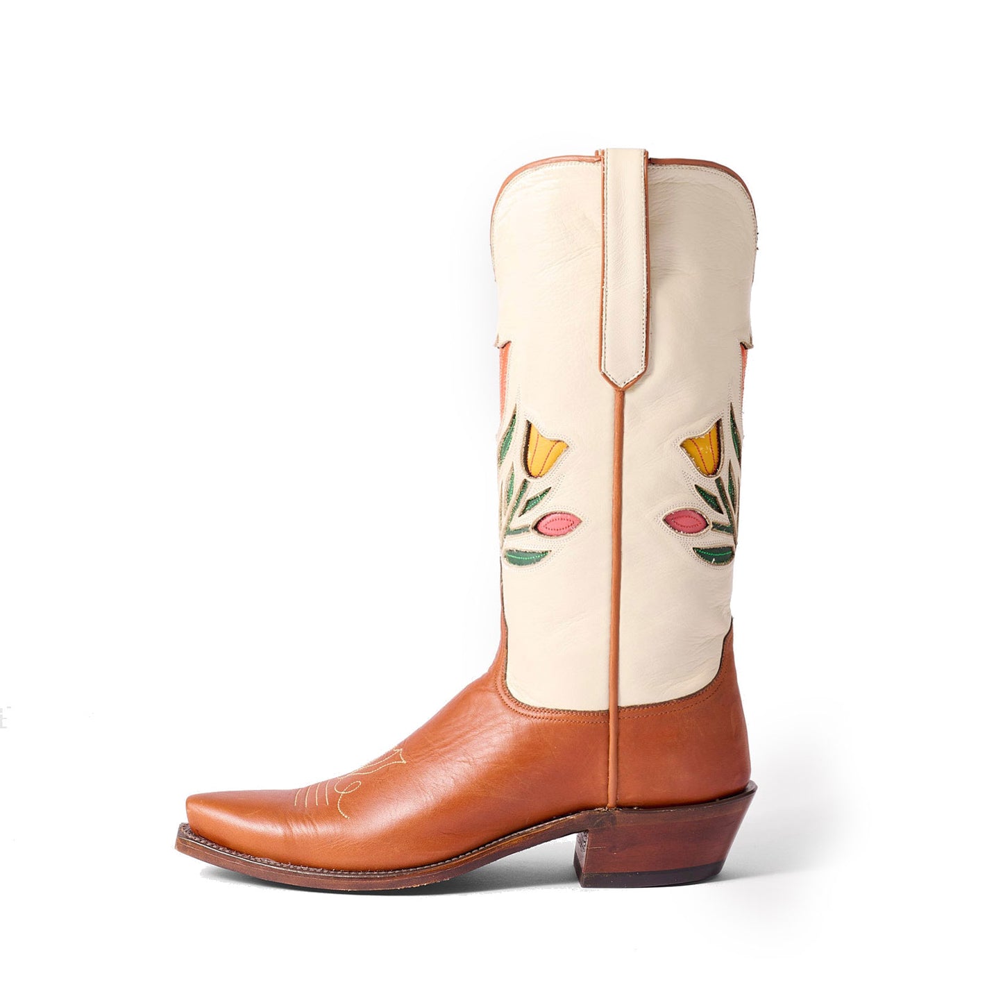 Contrast Cream And Cognac Snip-Toe Colorful Tulips Inlay Mid Calf Cowgirl Boots