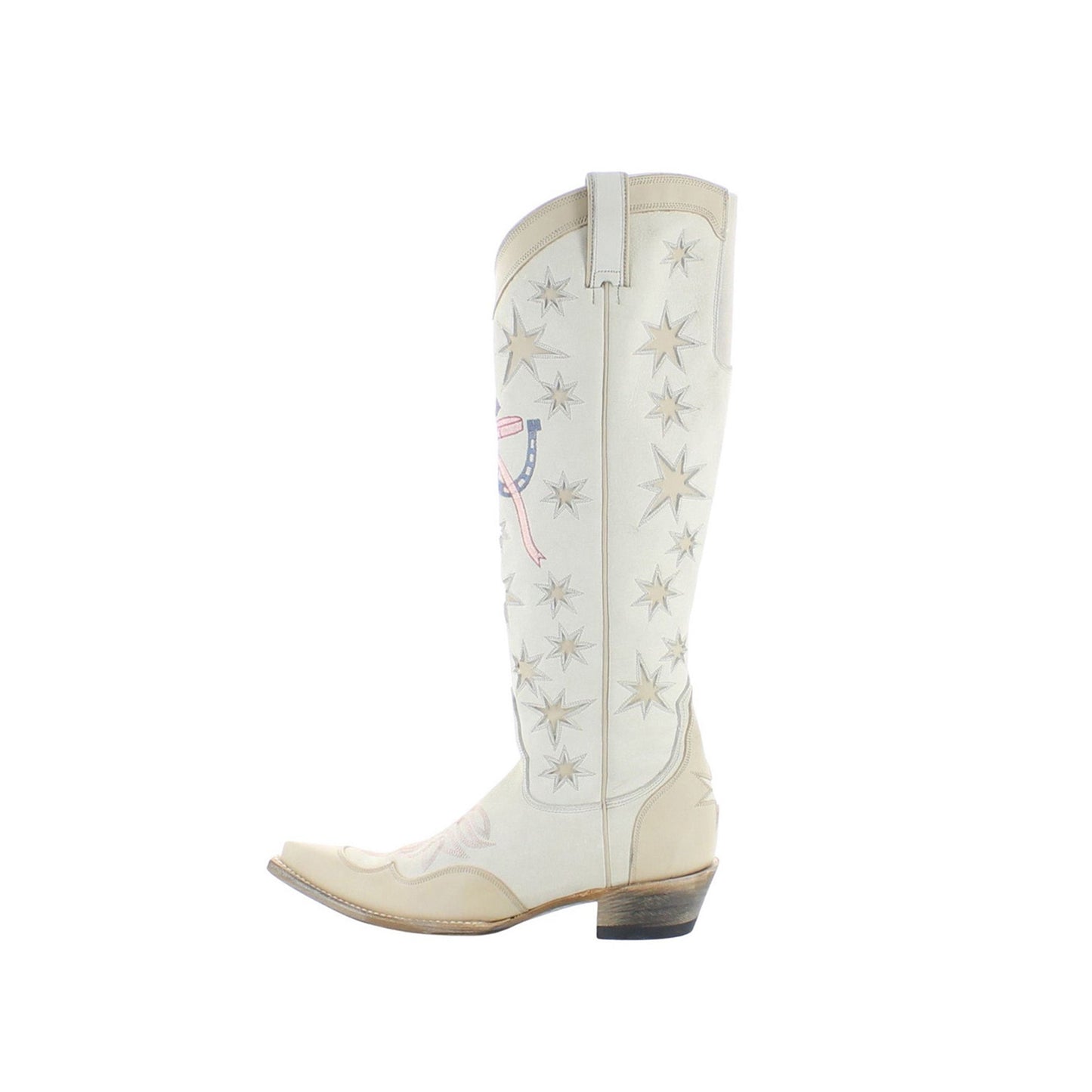 Contrast Cream And Bone Snip-Toe Stars Inlay Horseshoe And Bow Embroidery Half-Zip Knee High Cowgirl Boots