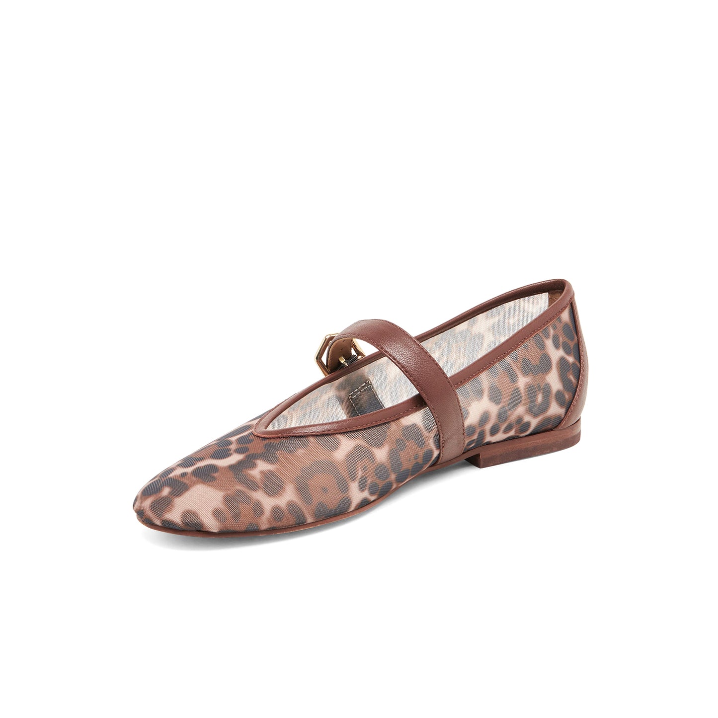 Leopard Mesh Round-Toe Vegan Leather Bridge Strap Ballet Flats