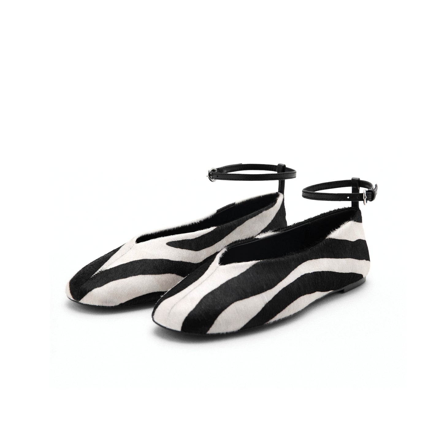Cow Print Pony Hair Vegan Leather Square-Toe Ankle Strap Flats