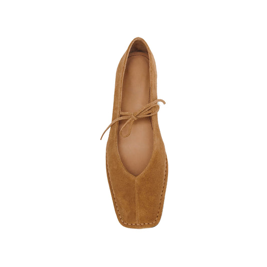 Tan Faux Suede Square-Toe V-Cut Vamps Bridge Self-Tie Bow Ballet Flats