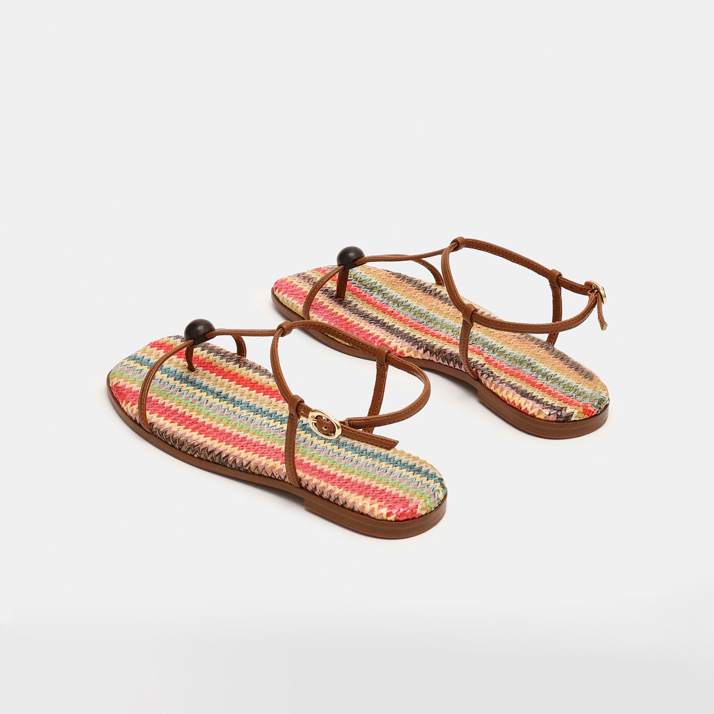 Brown And Multi-Color Square-Toe Strappy Ankle Strap Sandals Flats