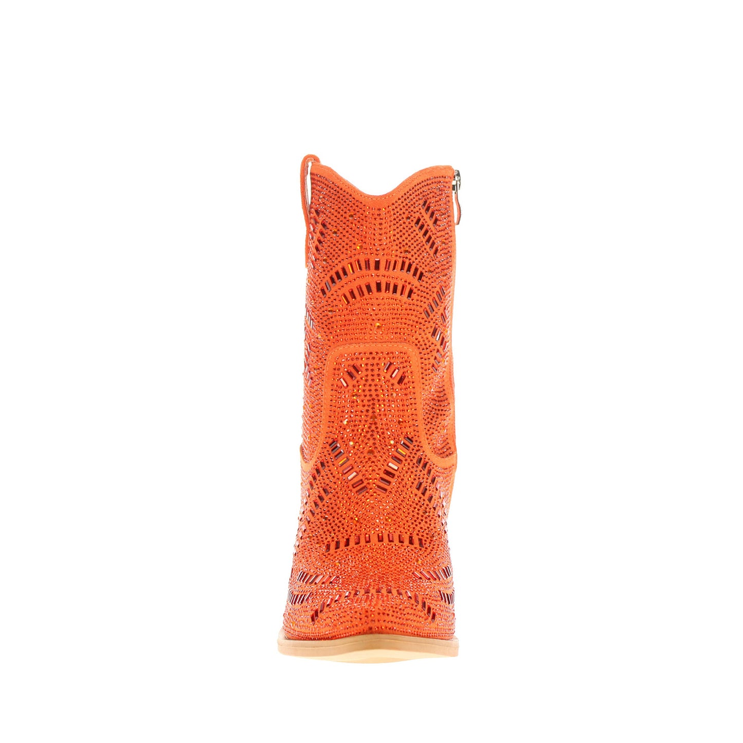 Orange Faux Suede Pointed-Toe Full Crystals Full-Zip Ankle Cowgirl Boots