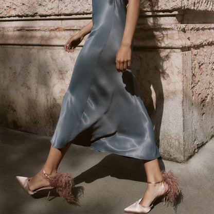 Beige Satin Pointed-Toe Ankle Strap Back Feather Stiletto High Heels