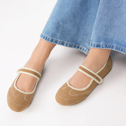 Khaki Faux Suede Round-Toe Simple Mary Jane Chic Flats