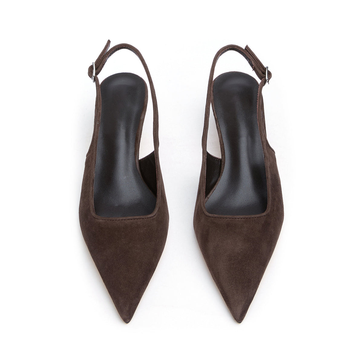 Chic Pointed-Toe Buckle Slingback Kitten Heels - Coffee Faux Suede