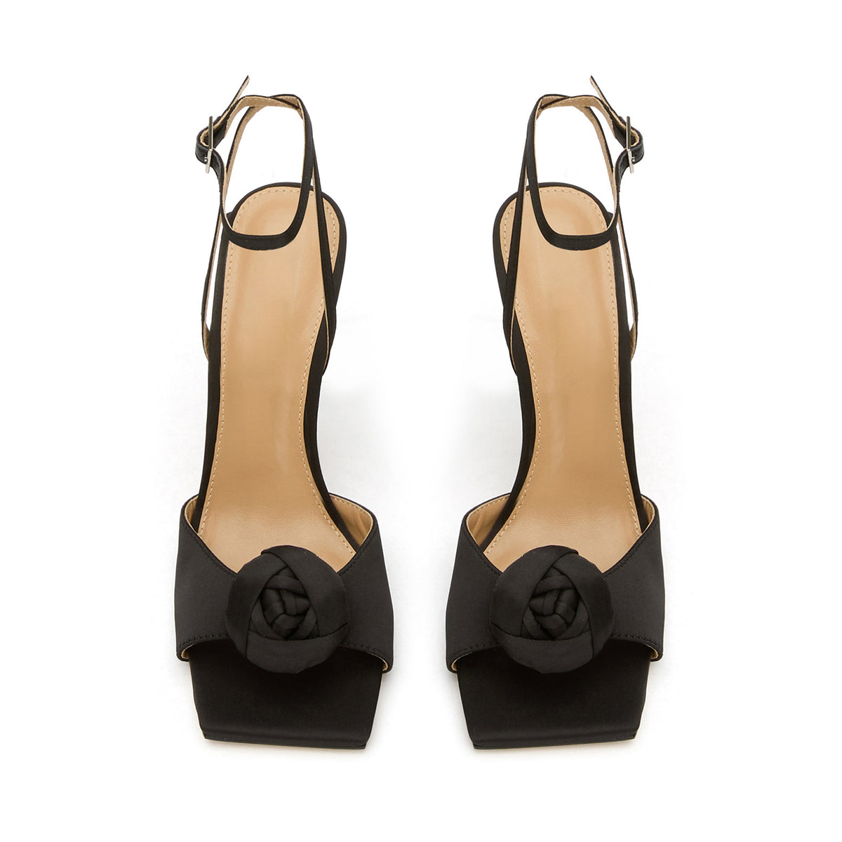 Black Satin Square-Toe Front Rose Ankle Strap High Heels