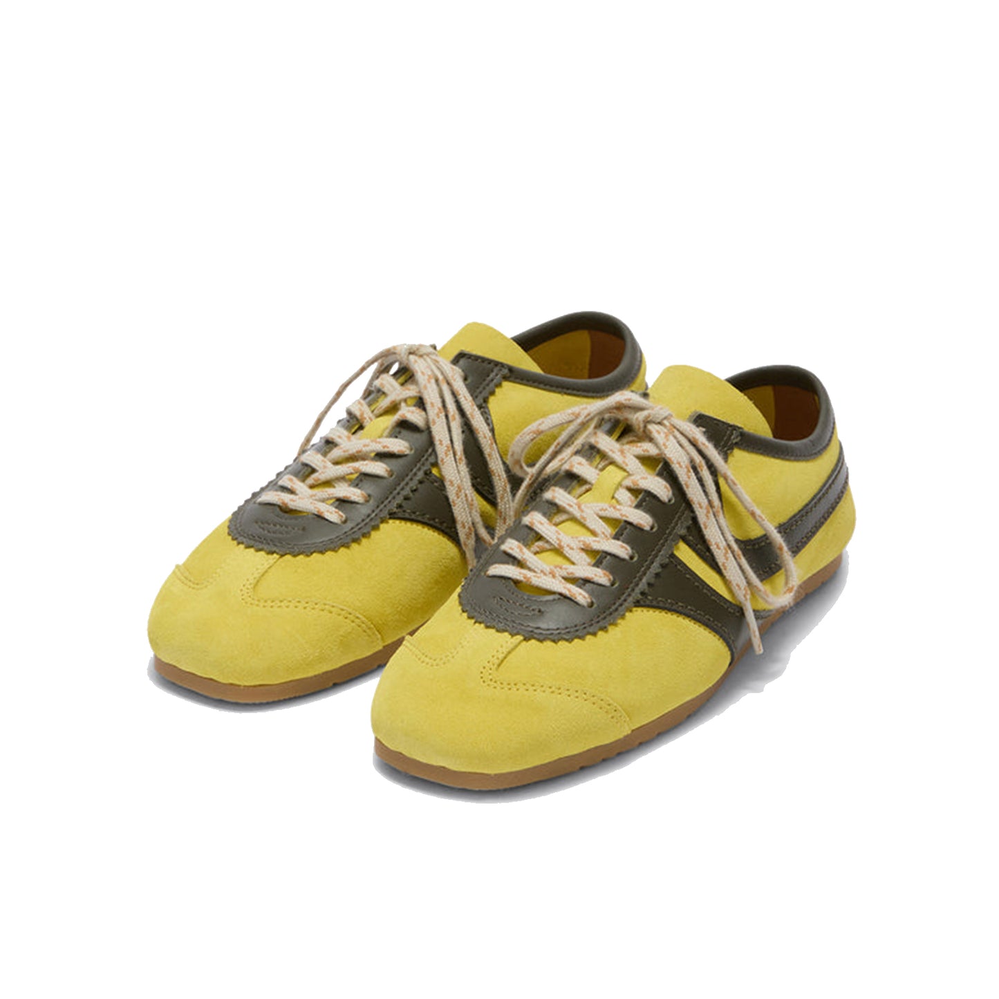 Yellow Contrast Faux Suede And Vegan Leather Square-Toe Lace-Up Sneakers Flats