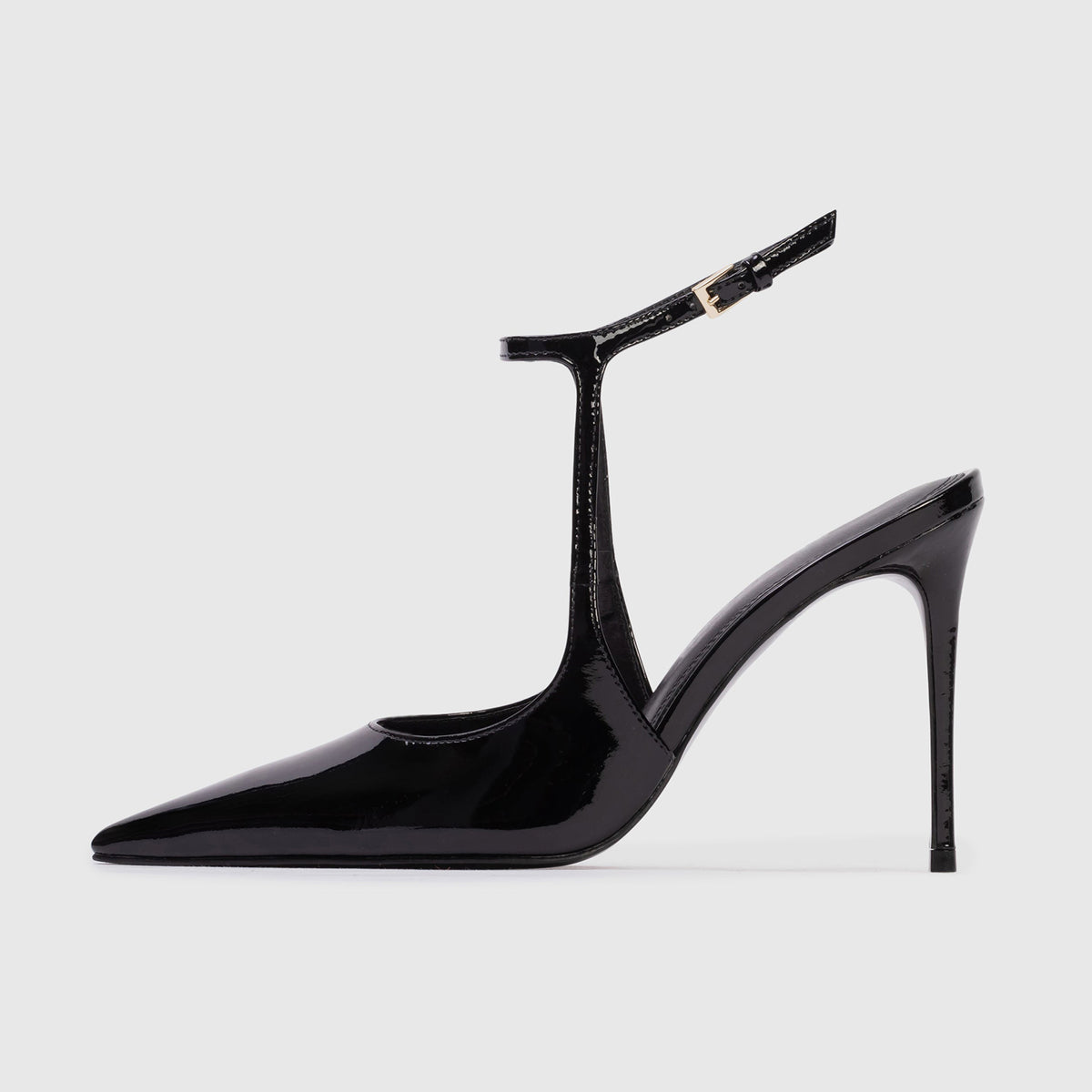 Patent Black Pointed-Toe Ankle Strap With Buckle Chic High Heels