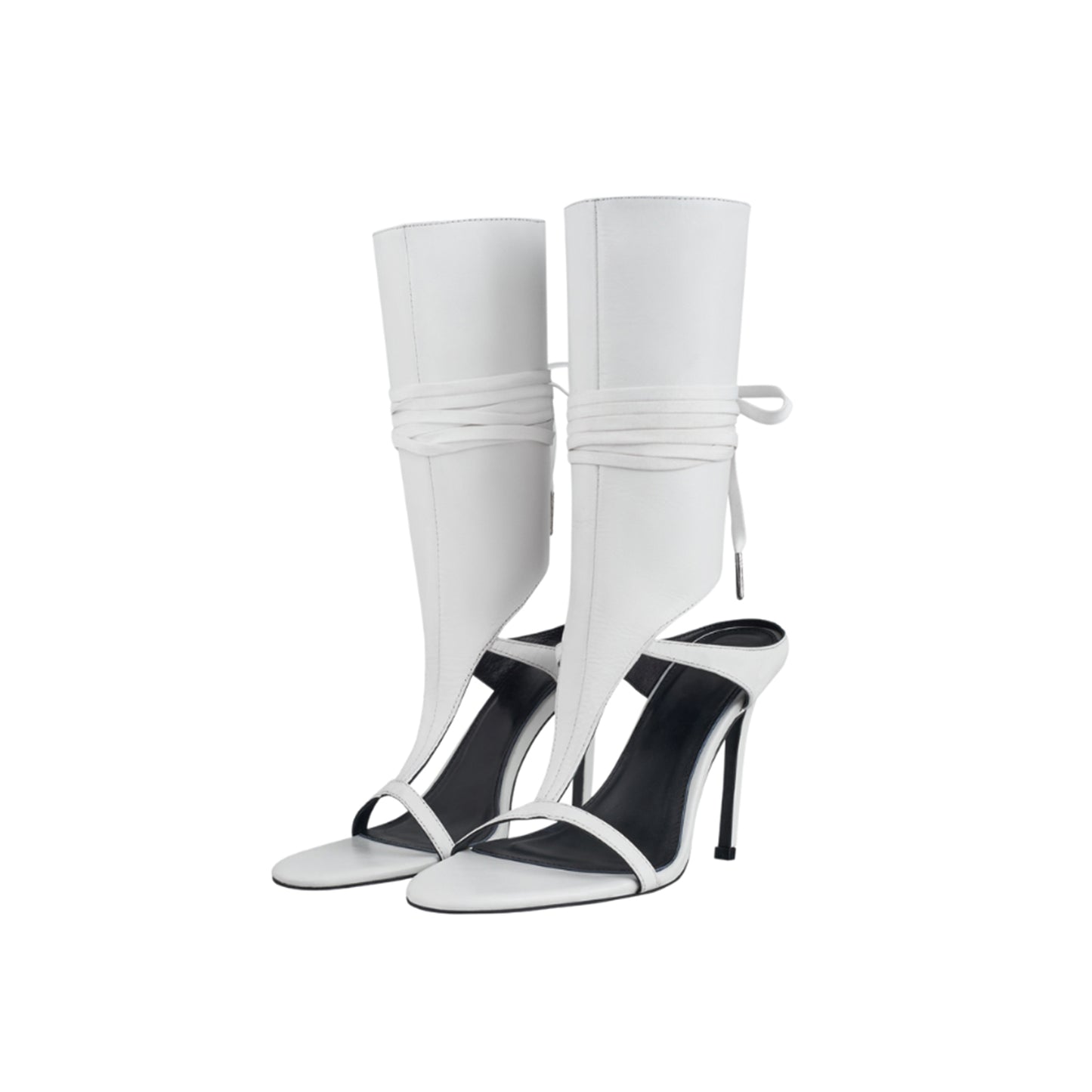 White Open Round-Toe Back Lace-Up Shaft Stiletto High Heels