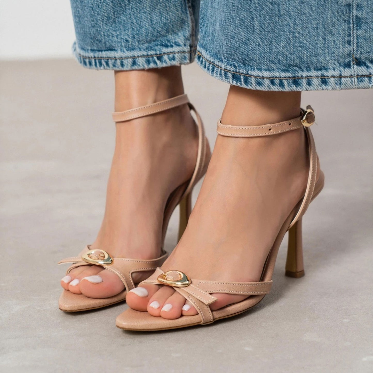 Beige Pointed-Toe Front Buckle And Ankle Strap High Heels