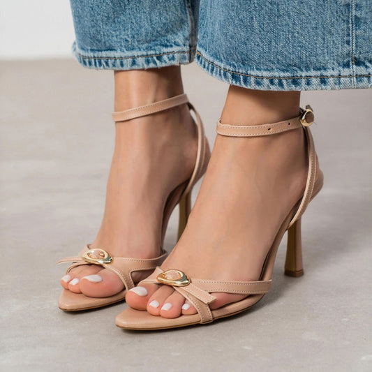 Beige Pointed-Toe Front Buckle And Ankle Strap High Heels