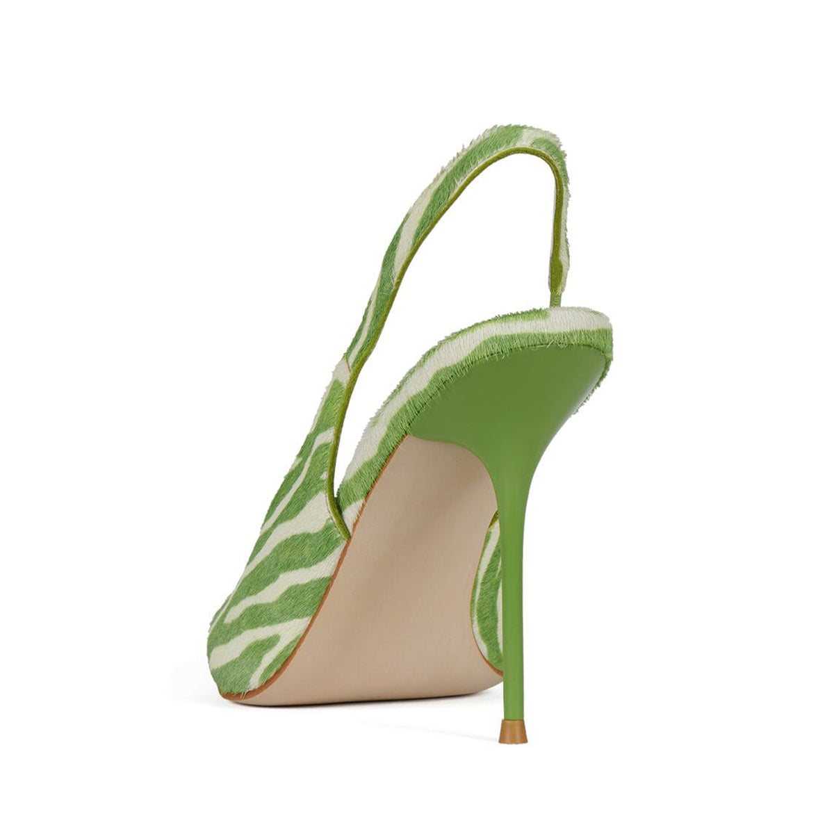 Zebra Pattern White And Green Pointed-Toe Slingback Chic High Heels