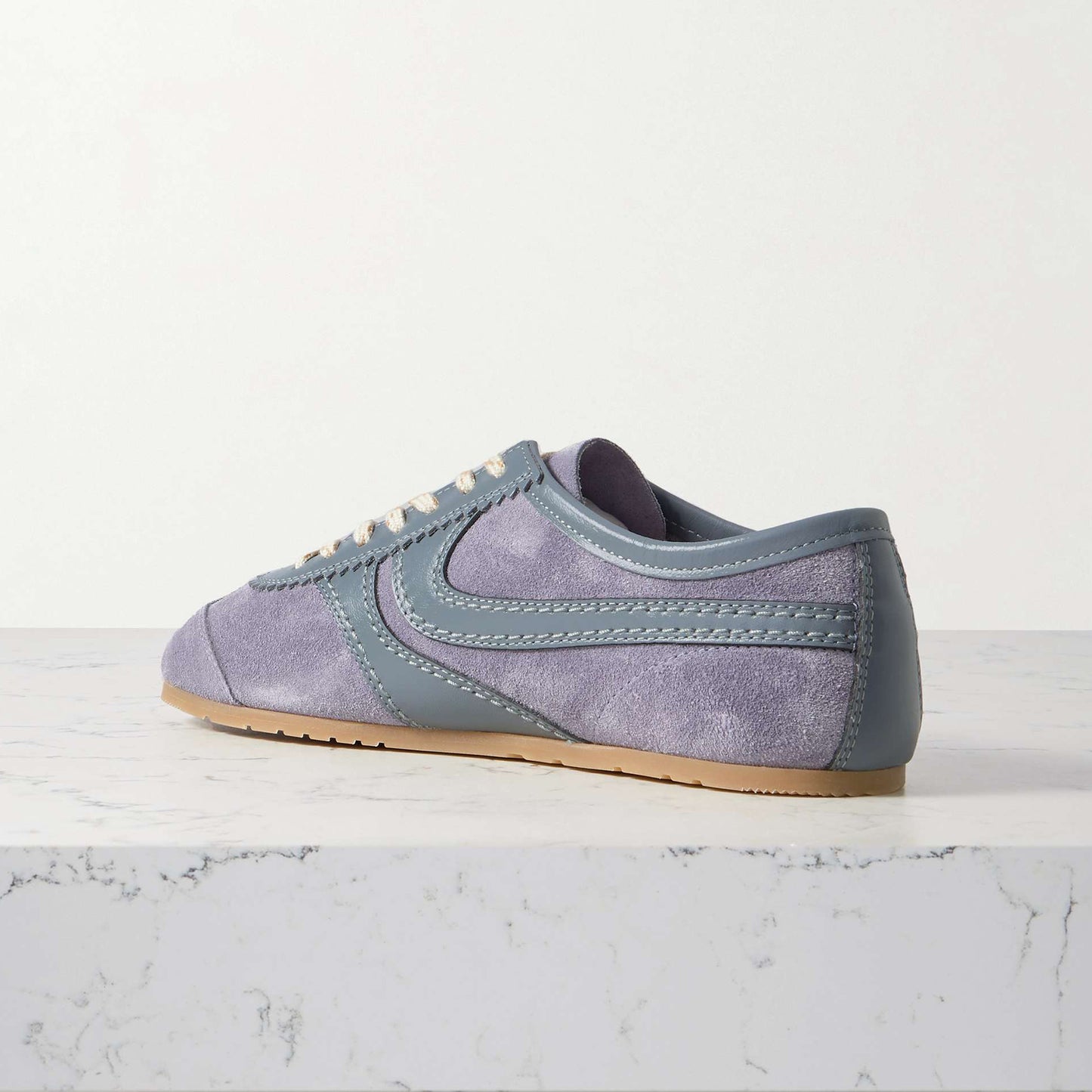 Dark Lilac Contrast Faux Suede And Vegan Leather Square-Toe Lace-Up Sneakers Flats