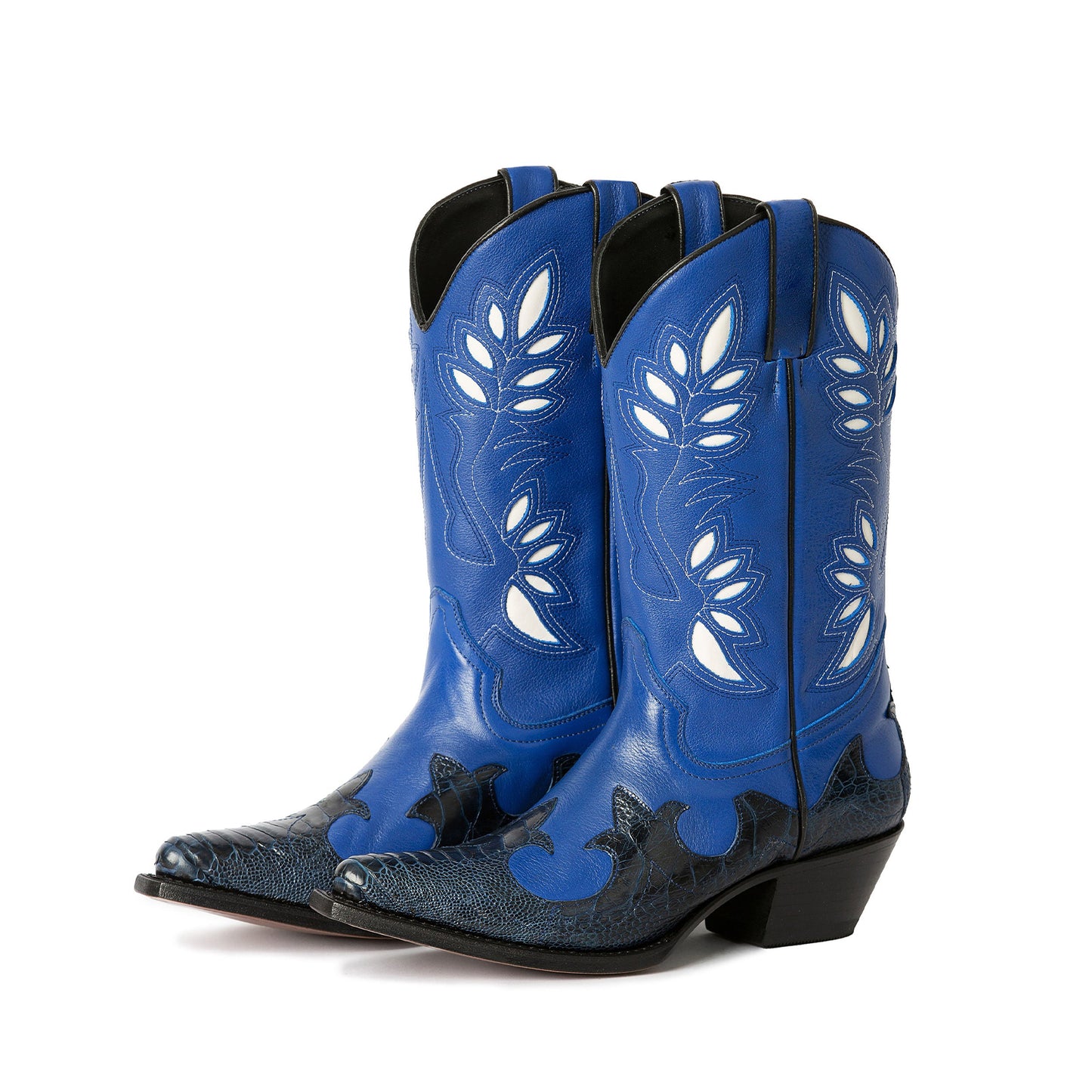 Contrast Blue And Black Snakeskin Print Snip-Toe Inlays Mid Calf Cowgirl Boots