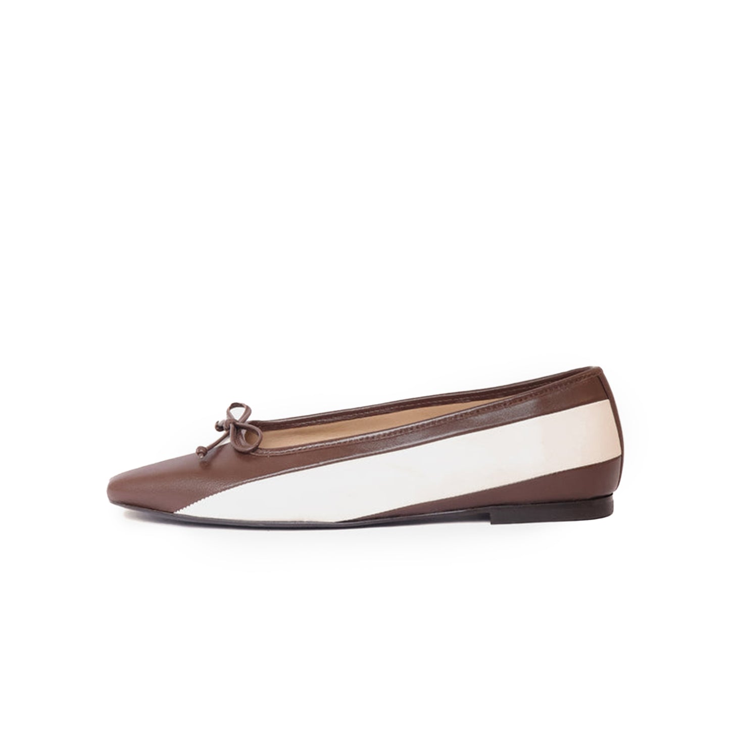 Contrast Cream And Brown Square-Toe Front Bow Slip-On Ballet Flats